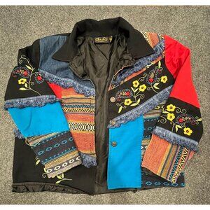 Julia Kim Jacket Womens size Medium Collared Black Patchwork Tapestry Embroidere